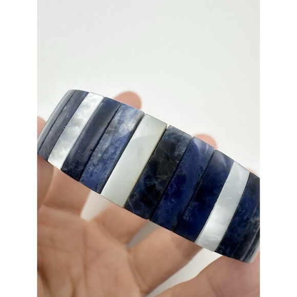 Vintage 1960 Vintage Mother Of Pearl Sodalite SILVER Tone Expansion Bracelet